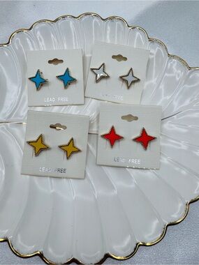 Colorful Starburst Enamel Stud Earrings Set of 4 | Orange White Blue Yellow
